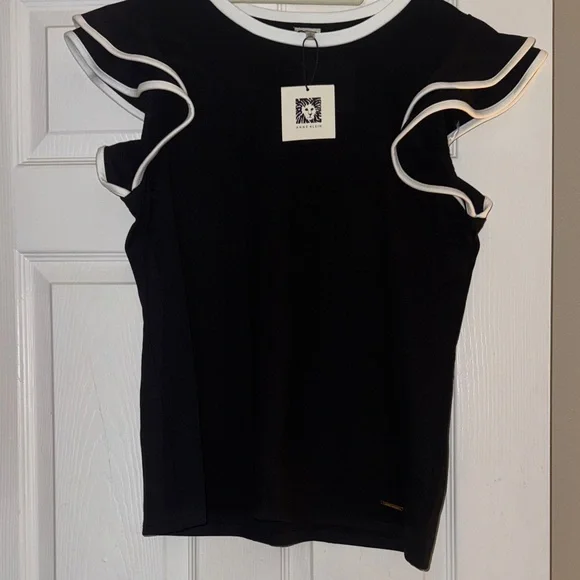Anne Klein Black Top with White Ruffle Trim - Picture 1 of 6